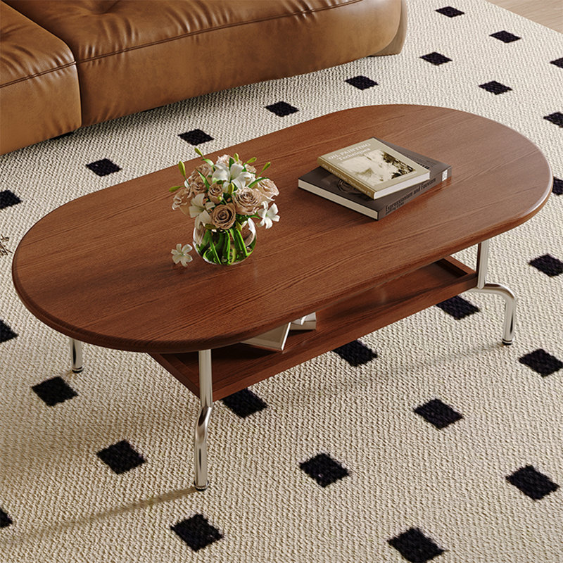 Simple oval-shaped solid wood coffee table, 17.7" H x 47.2" L x 23.6" W