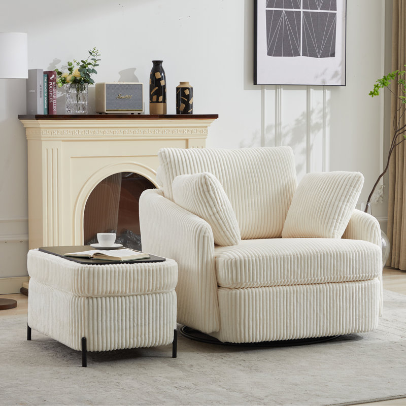 40.53" W Upholstered Swivel Accent Armchair With Storage Ottoman, Ivory Corduroy