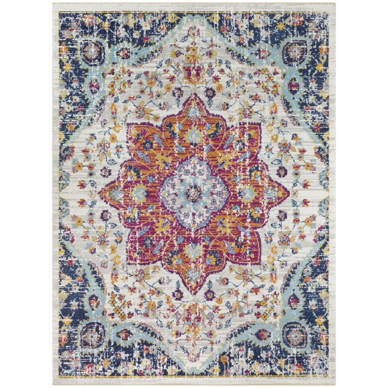 Tapis oriental gris / bleu / rouge Walti, Rectangle 7 pi 10 po x 9 pi 10 po