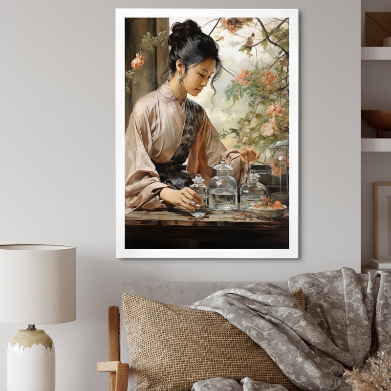Cobbins Asian Art Harmony In Tea V, reproduction d'art sur toile, H 32 po x l 24 po x P 1 po, Cadre photo blanc