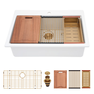 33" L x 22" W Drop-in Kitchen Sink Rectangular Single Basin Ceramic Ledge Workstation Sink with Golden Accessories