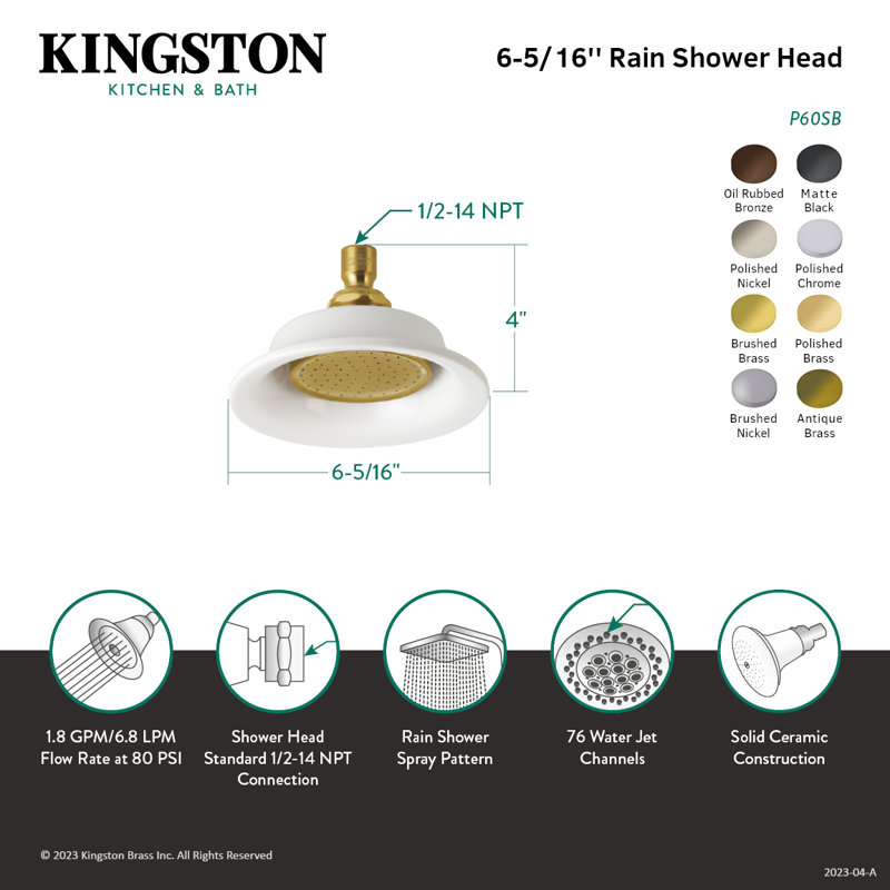 Pomme de douche ronde en céramique 6 5/16 po Kingston, Laiton brossé