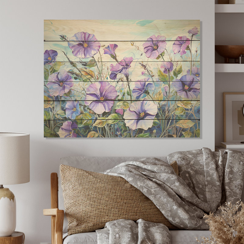 «Purple Morning Glory Flowers», art mural en bois sur bois de pin naturel, H 24 po x l 32 po