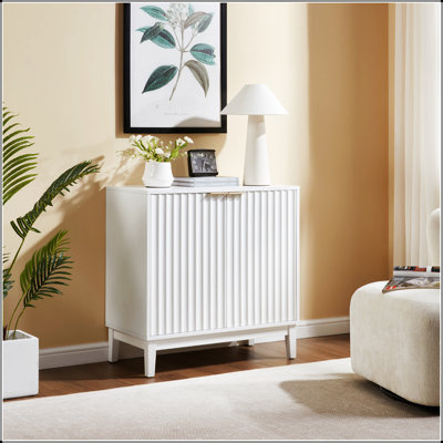 Elegant 2-Door Wooden Storage Cabinet With Fluted Doors And Brass Handles, Perfect For Modern And Traditional Decor.
