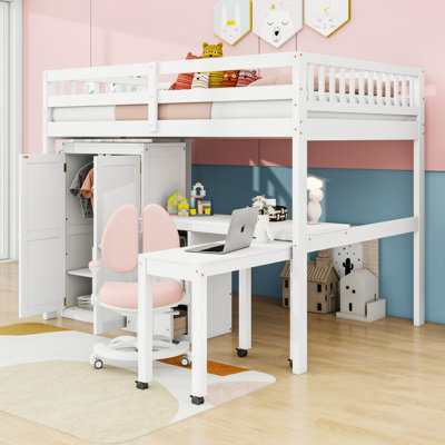 Lit mezzanine en bois avec bureau intégré et escalier
