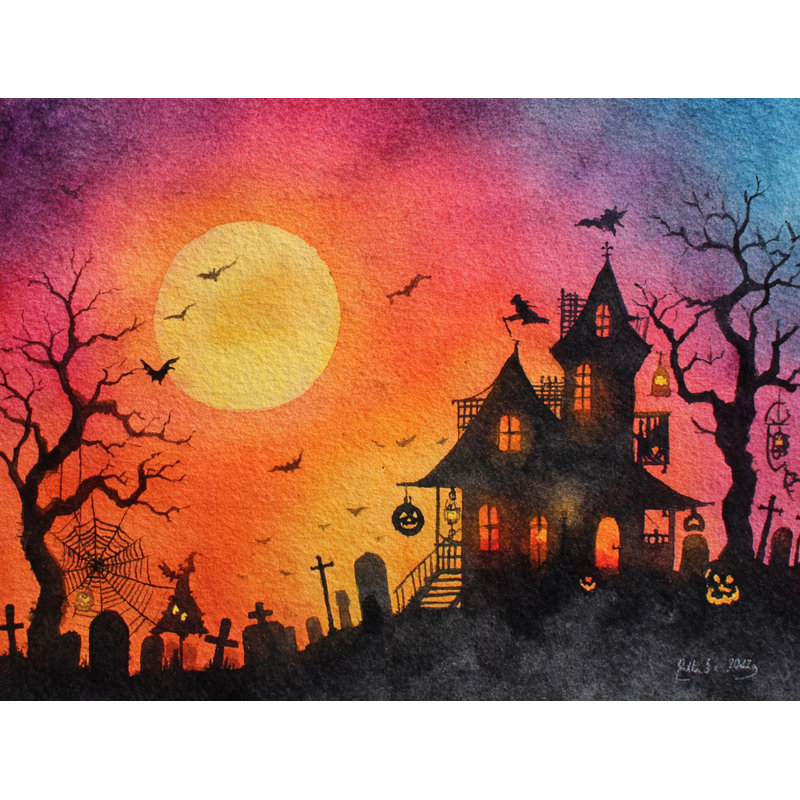 «Witch Flying Over Haunted House», art mural sur toile