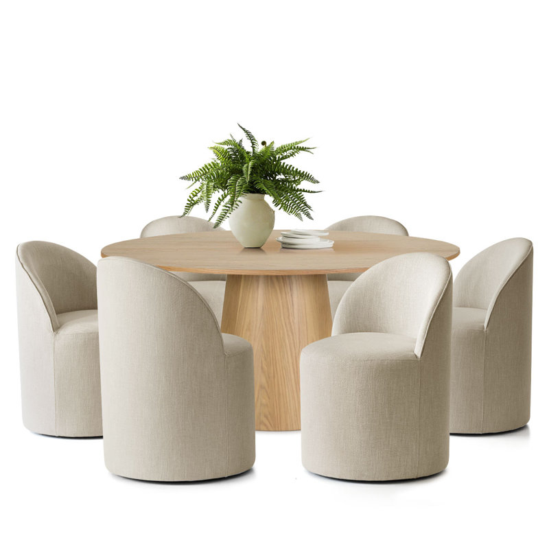 6 - Person Dining Table Sets With Round Table & 6 Upholstered Fabric Chairs, Natural, Beige