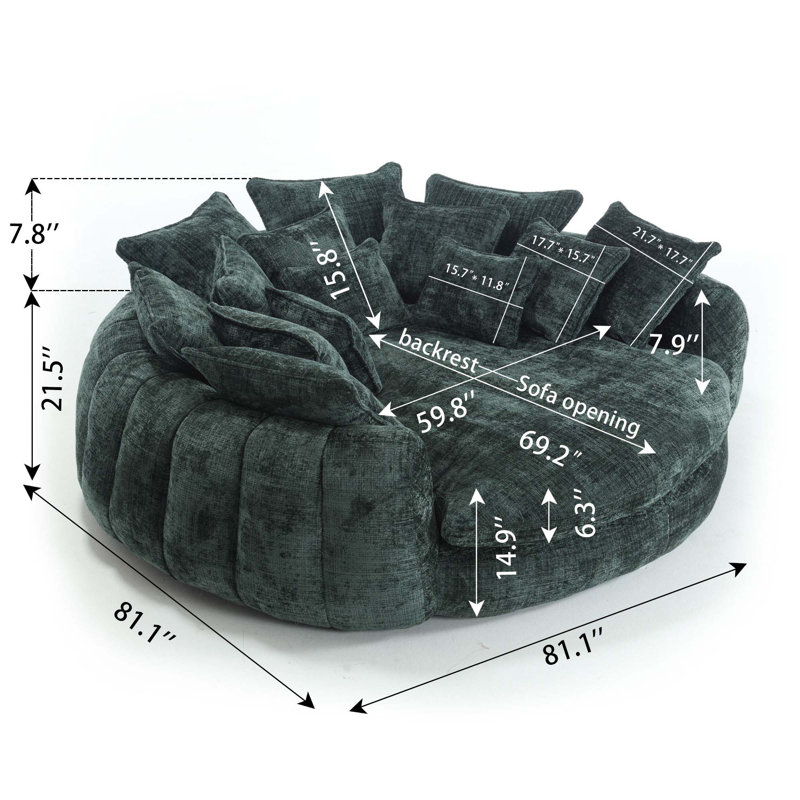 Oversized Compression Bean Bag Sofa - Large Round Loveseat With Pillows, Green Chenille