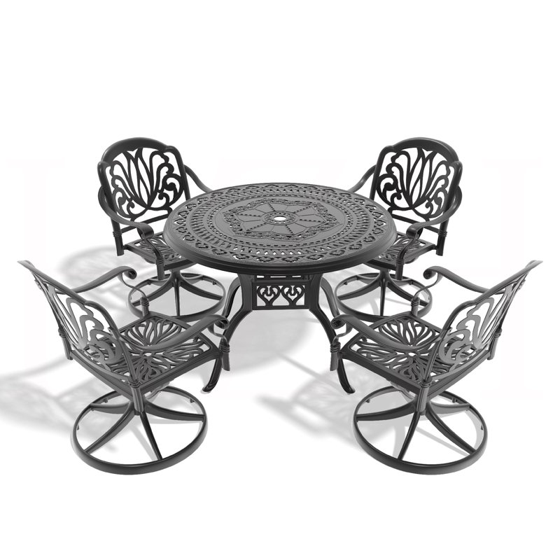 Ensemble de salle à manger 5 pièces en fonte d'aluminium, comprenant 4 chaises pivotantes et une table ronde de 39,37 pouces avec structure noire