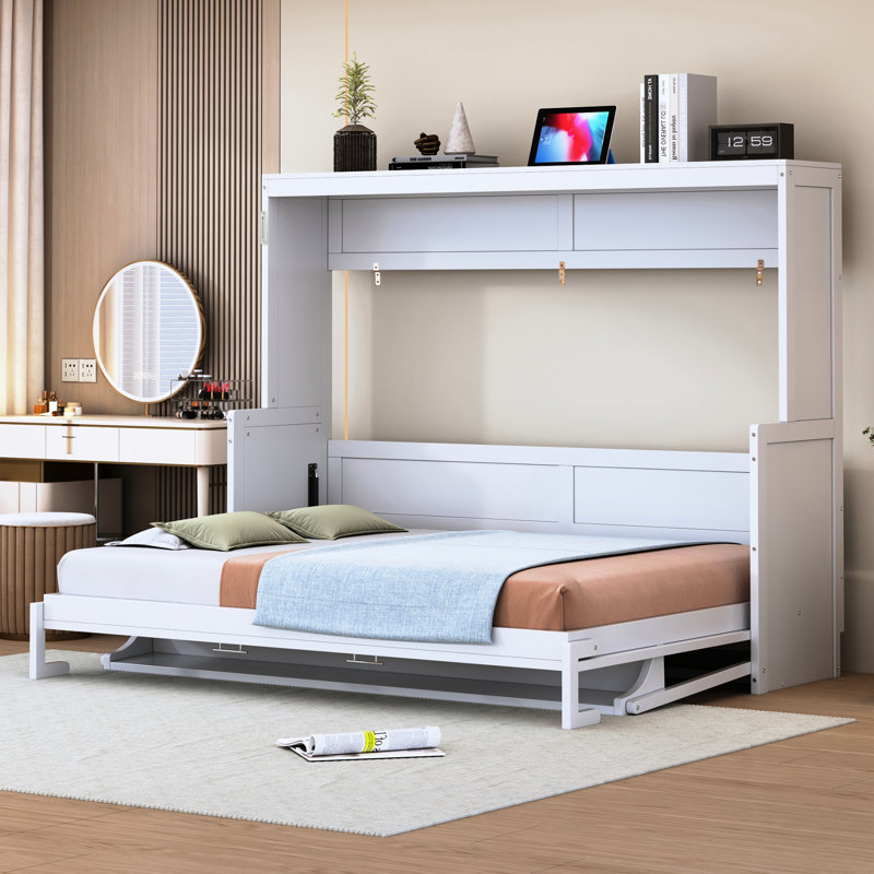 Lit double, couleur blanche, bureau hydraulique pliable, peu encombrant pour les petits appartements, support de 600 lb, espaces de rangement pour matelas intégrés,
