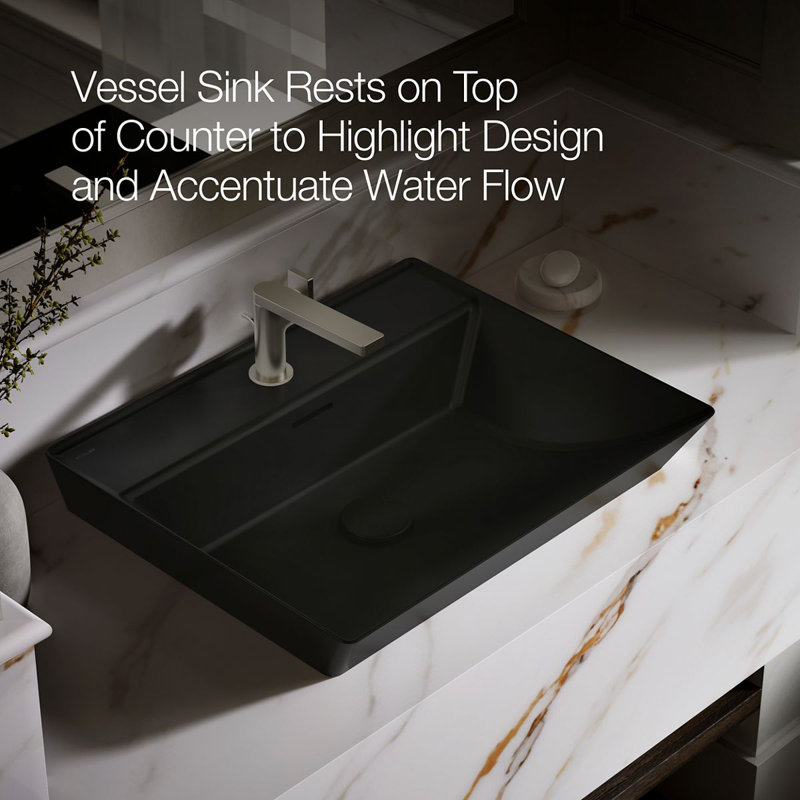 Brazn Rectangle Vessel Bathroom Sink, White, Honed Black, Single