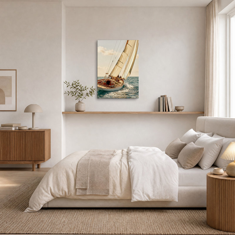 Voilier en bois à voiles blanches sur eau bleue - Tableau sur toile, H 24 po x l 18 po