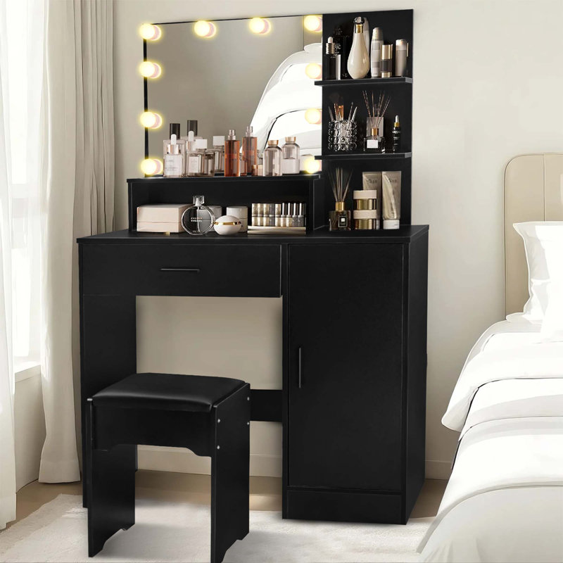 Bureau de coiffeuse avec miroir et lumières, coiffeuse de maquillage avec tiroir et armoire de rangement, 3 couleurs d'éclairage réglables, coiffeuse avec tablettes ouvertes pour la chambre à coucher, vestiaire