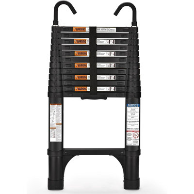12.5 FT Telescoping Ladder, Aluminum Lightweight Extension Ladder with 2 Triangle Stabilizers, Heavy Duty 330lbs Max Capacity, Collapsible Ladder with Hooks for RV or Outdoor Work
