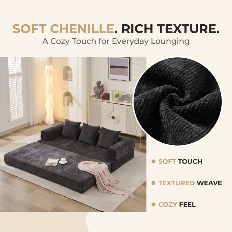 Canapé-lit de sol convertible et pliable, canapé-lit en chenille avec coussins, canapé-lit pliable à 3 panneaux pour salon, chambre et petits espaces