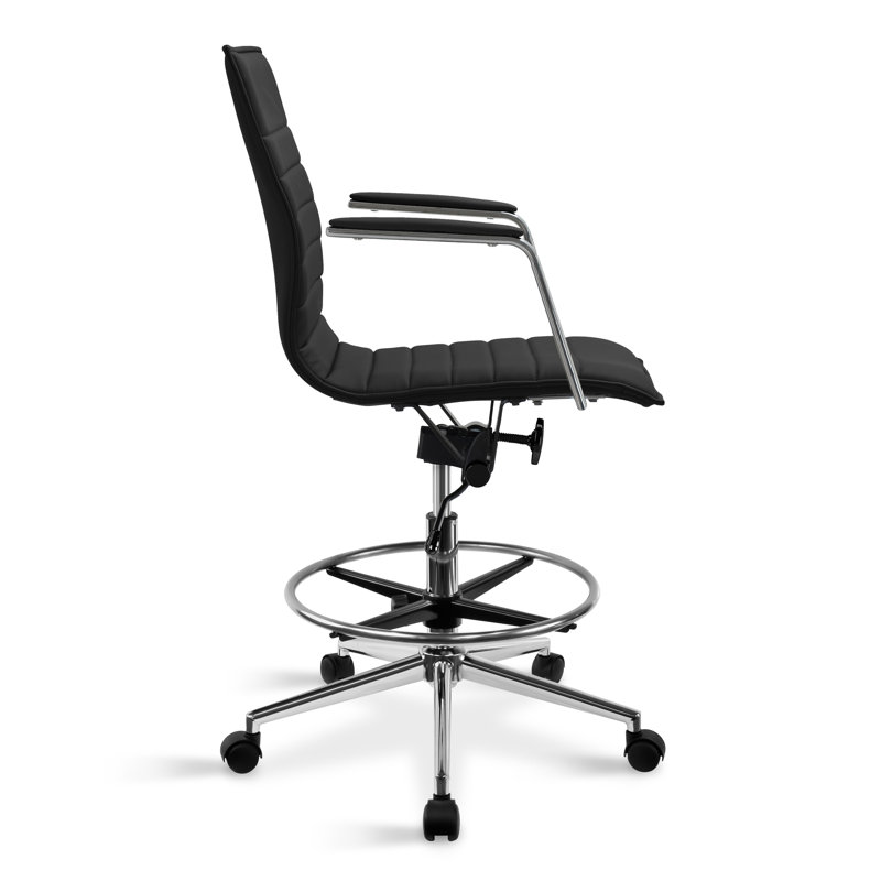 Modern Drafting Chair | Upholstered PU Leather Ribbed Mid Back with Tall Adjustable Base & Leg Rest | Tilt Lock, Swivel | Computer Armchair for Home, Executive, Conference, Meetings