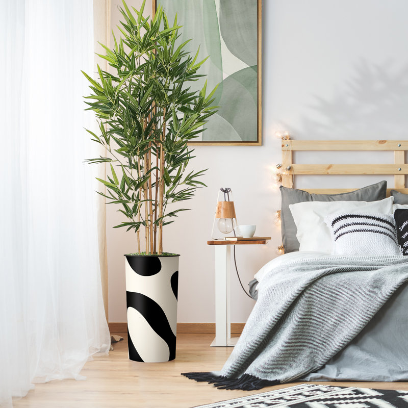 Artificial Tree in Contemporary Planter Fake Bamboo Silk Tree (Plant Pot Plus Tree), Thick Line Black