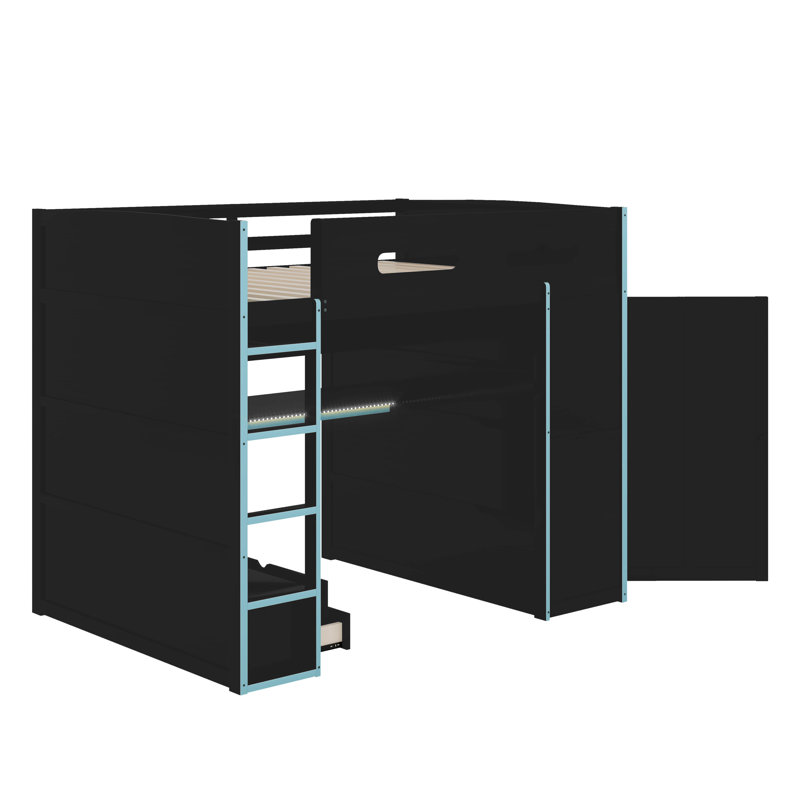 Full Size Wood Loft Bed With Desk,Wardrobe,Ample Storage Space,And RGB LED Light, Cloud Blue