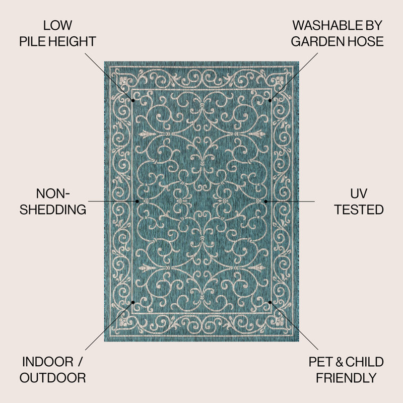 Hagerman Vintage Filigree Textured Weave Teal/Gray Indoor/Outdoor Rug, Rectangle 6' x 9'