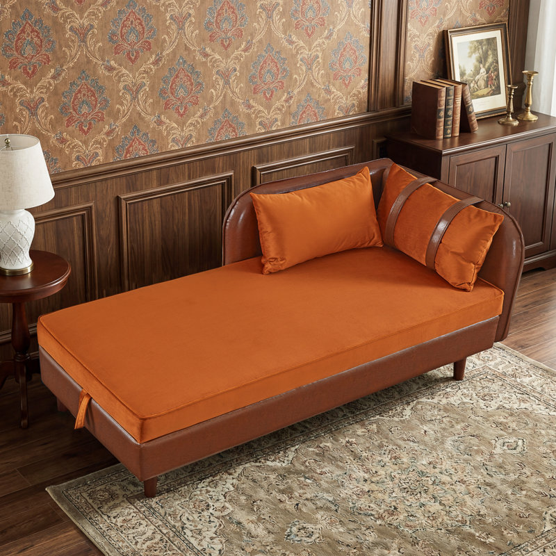 Chaise longue de rangement rembourrée avec coussins et pieds en bois, Orange / Brun
