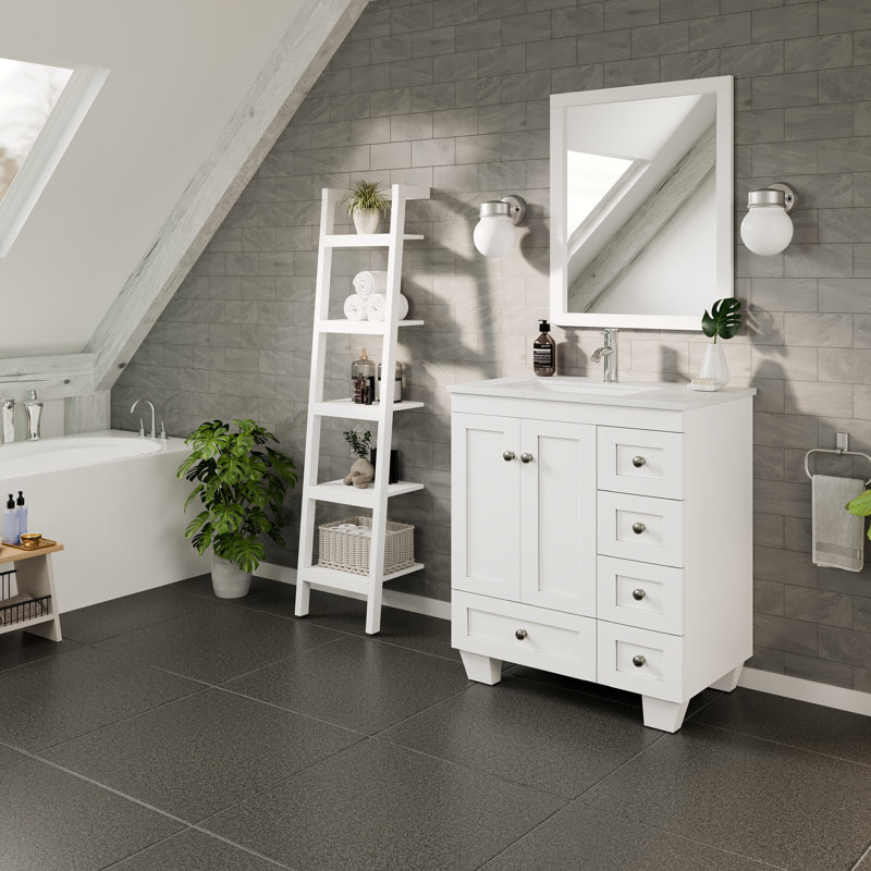 Meuble-lavabo simple 28 po avec comptoir en quartz Carrara et lavabo en porcelaine encastré Happy, Blanc