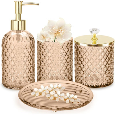 Amber Brown Bathroom Accessories Set, 4Pcs Glass Bathroom Accessory Set Complete W/Soap Dispenser, Toothbrush Holder, Qtip Holder, Soap Dish, Gold Bathroom Decor Sets