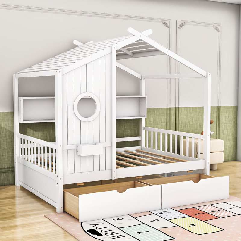 Lit en bois avec tiroirs et tablettes, Double