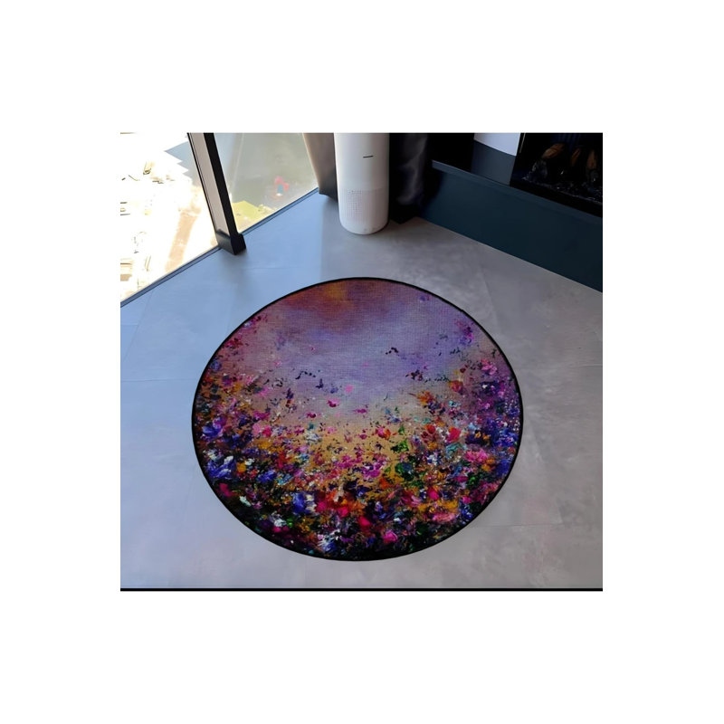 Multicolored Abstract Flowers Patterned Round Woven Base Modern Decorative Carpet, Round 4'