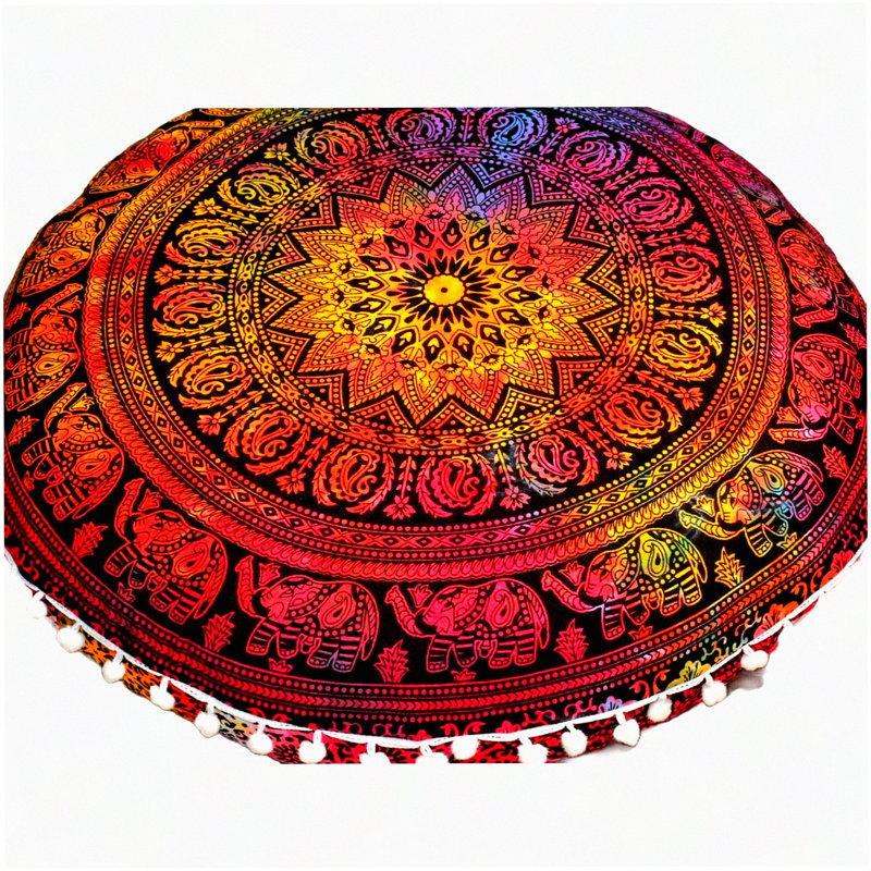 BohoMeditation Round Floor Cushion - Elephant Pouf for Living Room, Yoga Room, Bedroom, Balcony & Garden Party Decoration. Cotton Cover.