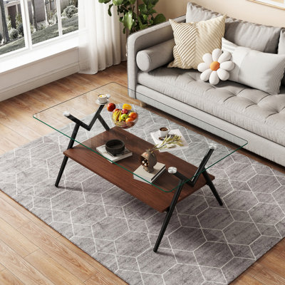 Table basse rectangulaire avec plateau en verre trempé et pieds en métal pour le salon