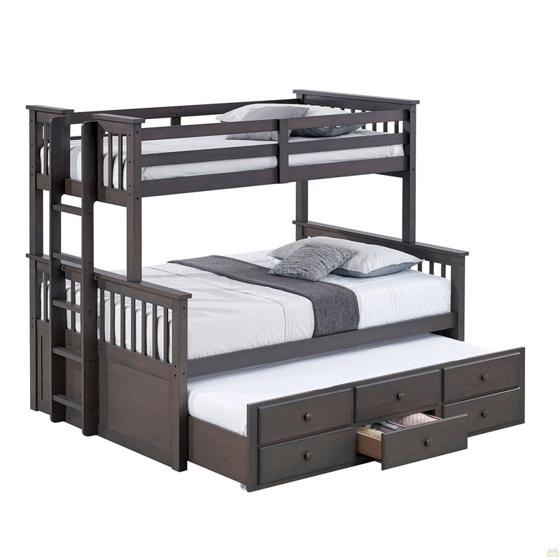 Lit simple superposé au dessus d'un lit double avec échelle et tiroirs sous le lit, Gris