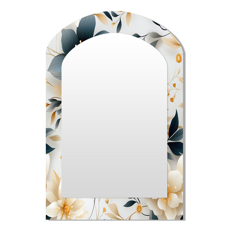 Blue White Chrysanthemum Flowers Boho Pattern - Floral Arch Decorative Wall Mirror, Cottage Asymmetrical Mirror, Printed Metal Art