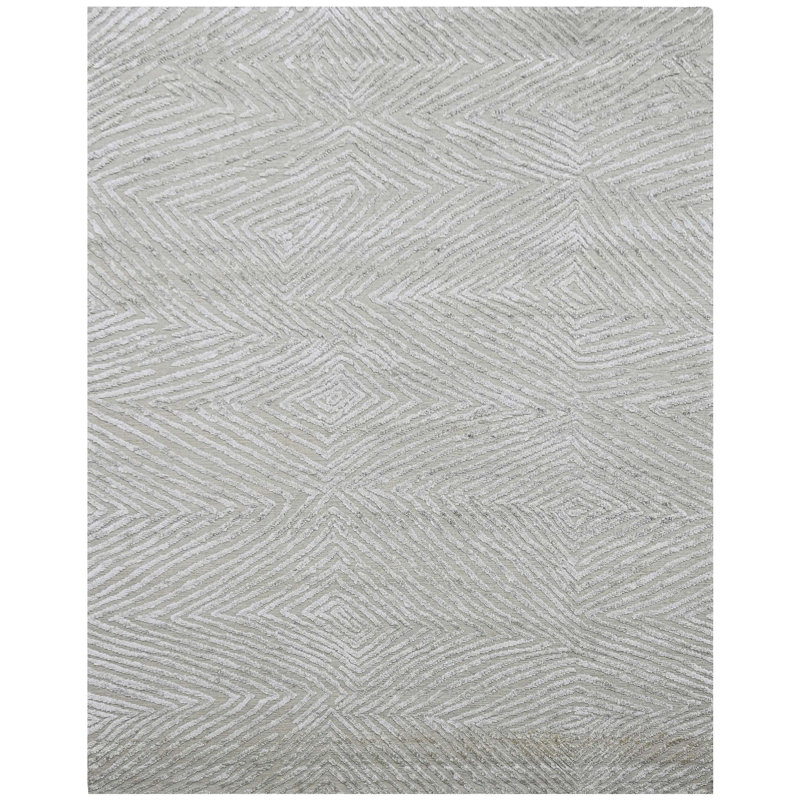 Tapis géométrique en laine / viscose noué à la main en argent / gris, Rectangle 12 pi x 15 pi