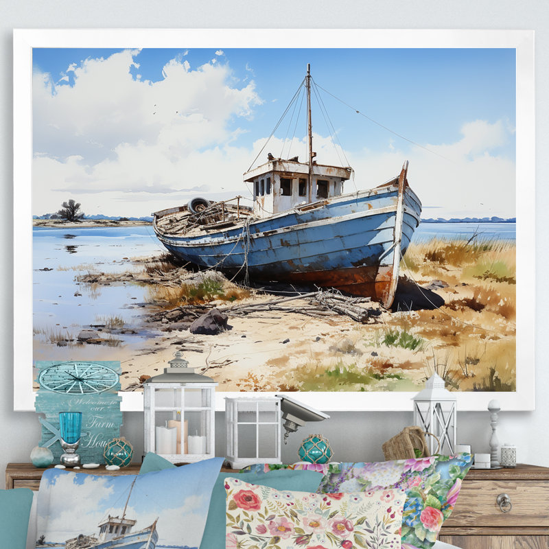 «Fishing Boat Odyssey Shore», reproduction sur toile, Cadre simple blanc, H 12 po x l 20 po x P 1 po