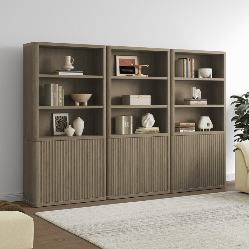 Cesiro 6-Tier Bookcase With 2 Fluted Doors And Adjustable Shelves, Gray Alder