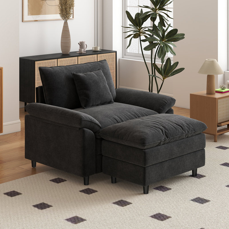 41.3” Wide Chenille Single Seater Sofa With 1 Ottoman, Black
