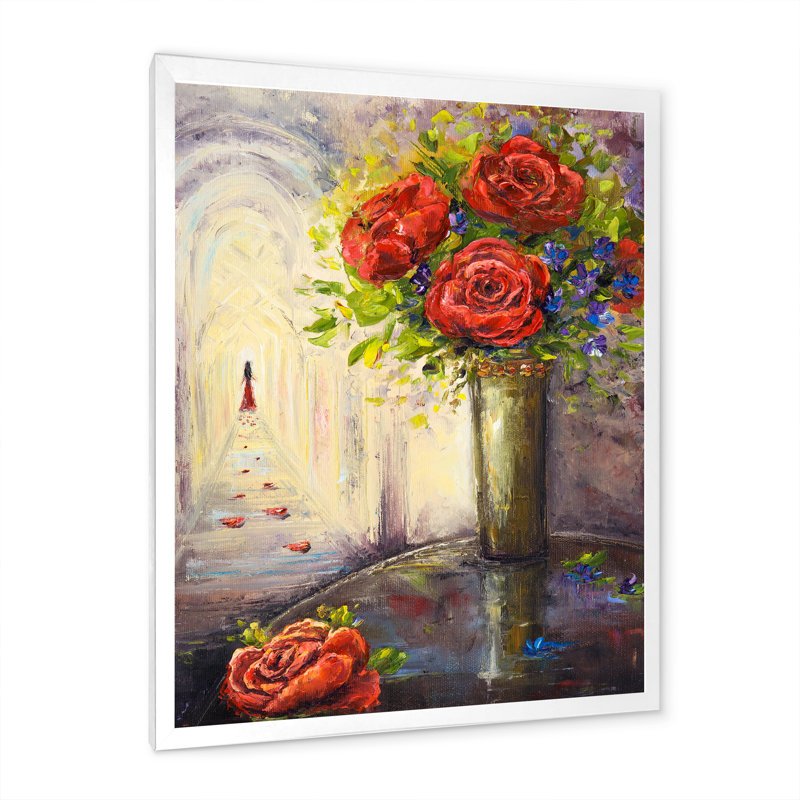 Roses et amour - reproduction d'art sur toile traditionnelle, H 36 po x l 24 po x P 1 po, Cadre photo blanc