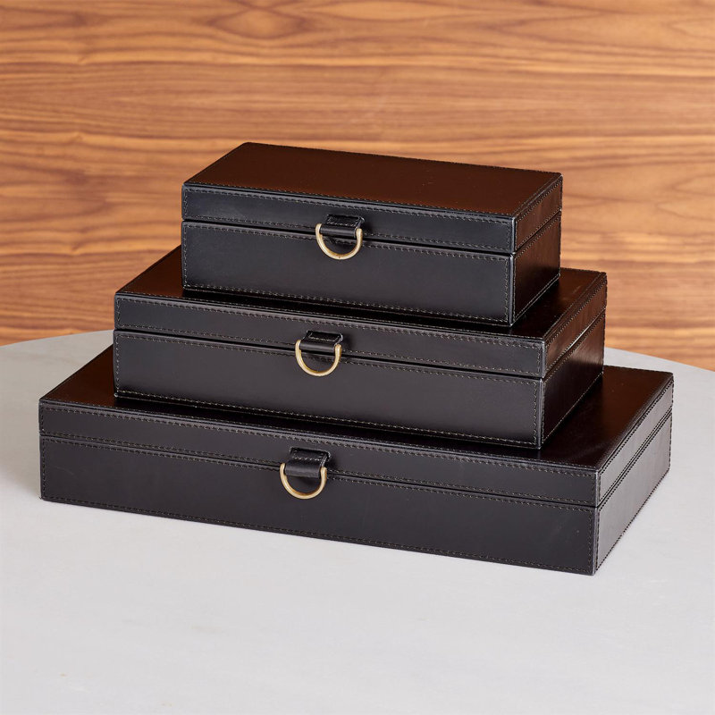 Marbled Leather D Ring Box, 3.25" H x 9" W x 17" D, Black
