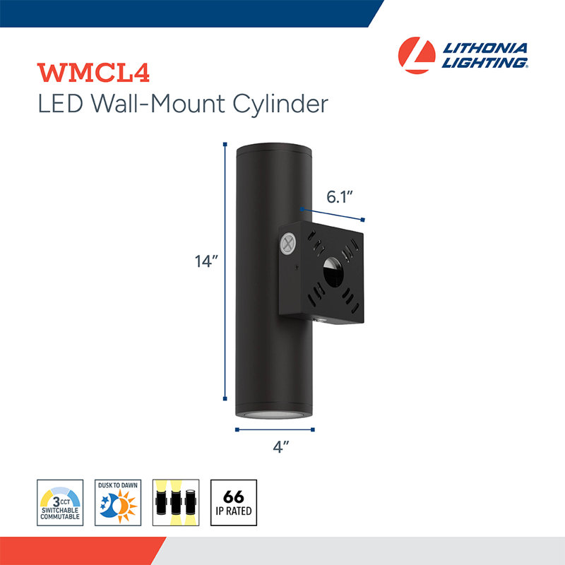 Lithonia Lighting Outdoor WMCL LED Wall Cylinder Light 45 Degree Beam Spread, 14" H x 4" W x 6.10" D