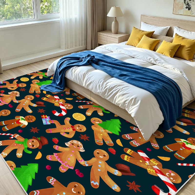Tapis d'intérieur blanc lavable à la machine, motif biscuits de Noël, Rectangle 79 po x 118 po