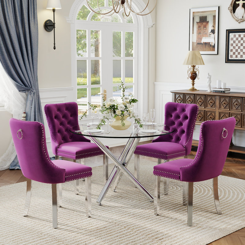 Ensemble de salle à manger à piédestal rond 5 pièces avec chaise capitonnée en velours pour salle à manger et salon, Mauve