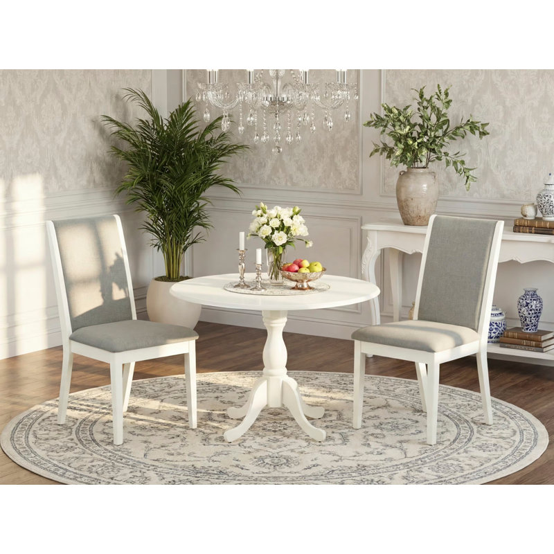 3 Piece Dining Room Table Set Contains a Round Kitchen Table with Dropleaf and 2 Shitake Linen Fabric Parson Dining Chairs, 42x42 Inch, Linen White