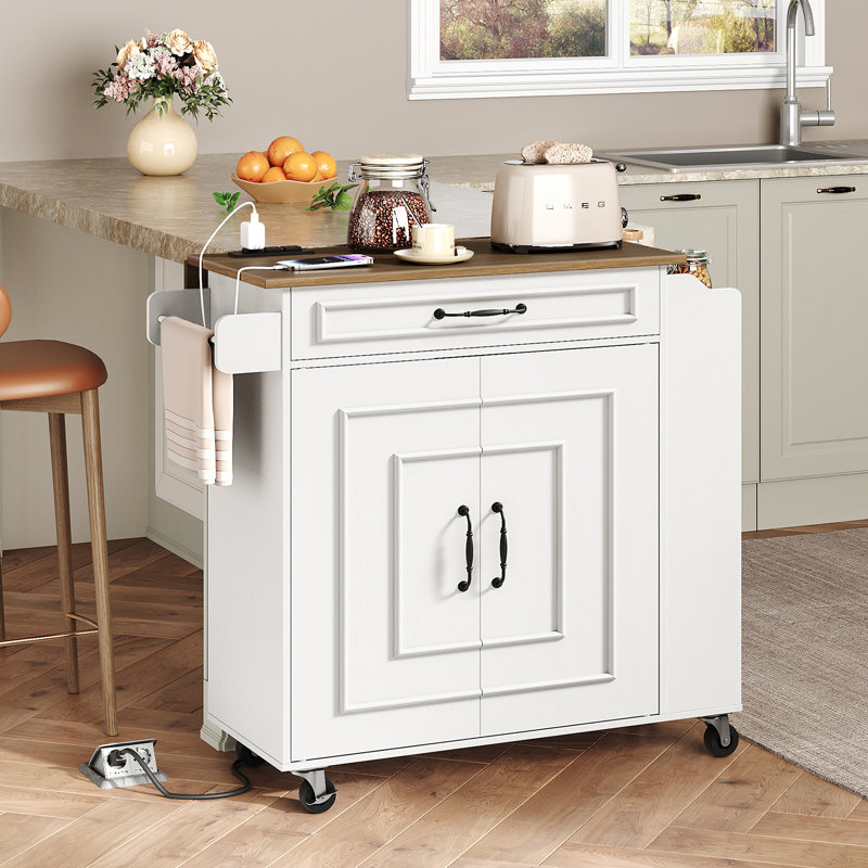 Îlot de cuisine 32,4 po avec prises de courant et rallonge, chariot de rangement roulant avec tiroir et étagère à épices