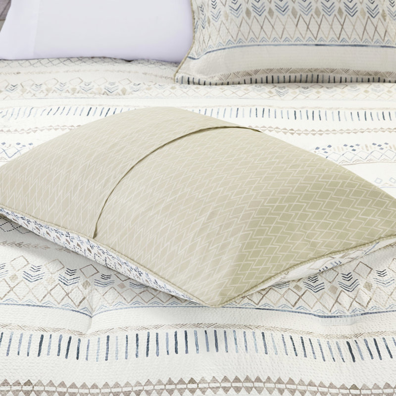 Édredon double / grand - Imprimé seersucker bleu doux et taupe, 2 taies décoratives, literie lavable et machine à jeter le diamant dans une machine à laver commerciale