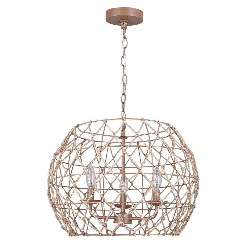 Luminaire suspendu 3 lumières Asawer avec finition brun clair et abat-jour en corde brun clair naturel