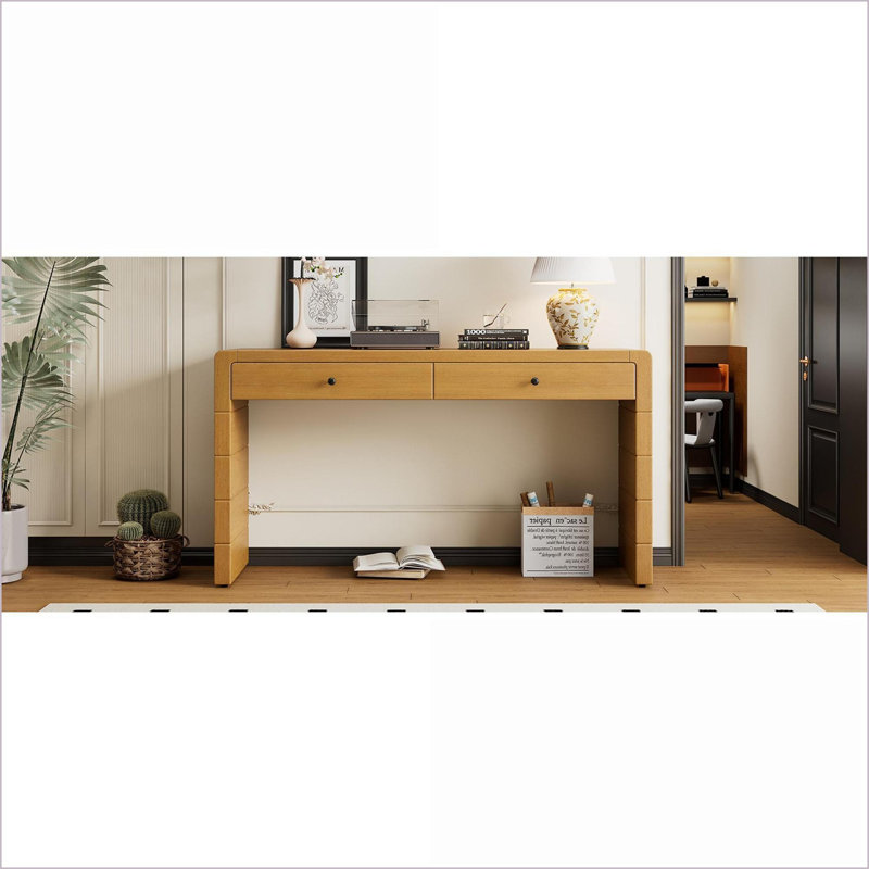 Console Farmhouse rustique avec pieds en bois d'hévéa - rangement à 2 tiroirs, durable pour le salon, Bois naturel