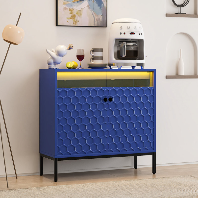 Sideboard Buffet Cabinet With LED And Charging Station, Navy Blue
