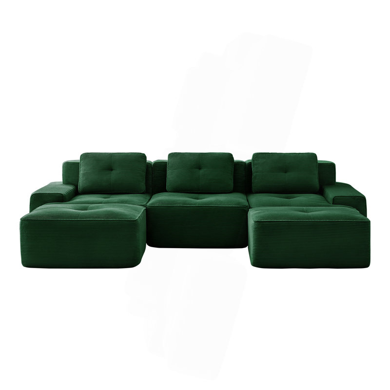 Canapé modulaire en forme de U de 117 po pour salon modulaire en tissu velours côtelé de 117 po avec siège profond et repose-pieds mobile, passepoil perlé, conception sans assemblage, conception antidérapante