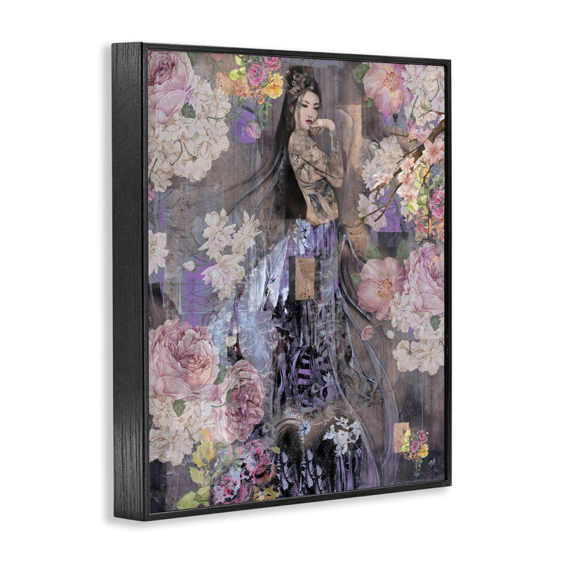Fleurs expressives et femme, estampe numérique encadrée par Marta Wiley, H 14 po x l 11 po, Giclée encadrée noir minuit