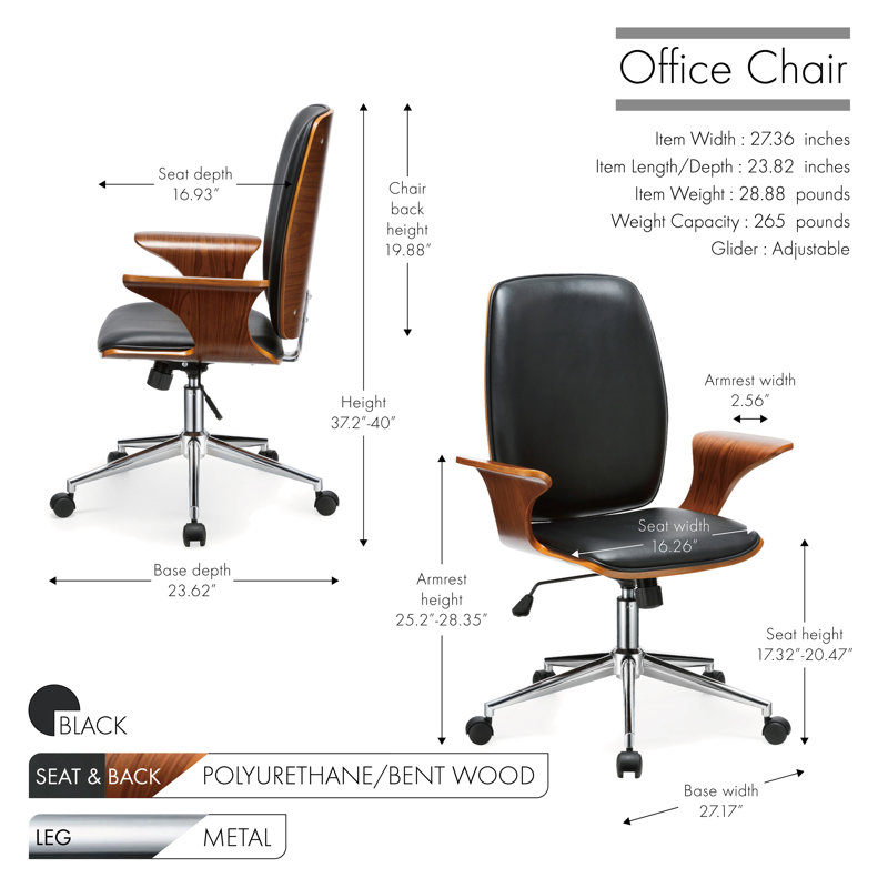 Klakke Faux Leather Mid-Century Office Chair, Black